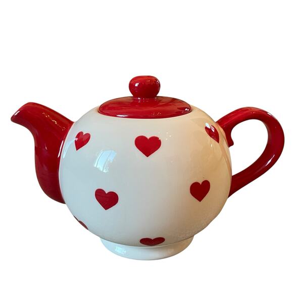Terramoto Red White Heart Valentine Teapot Ceramic Valentines Day Decor New - Picture 1 of 16